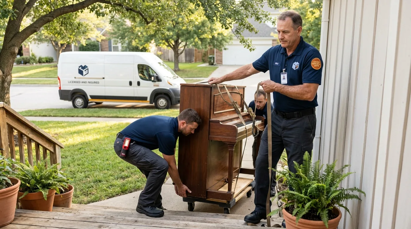 Licensed piano movers securing grand piano in Atwood, KS