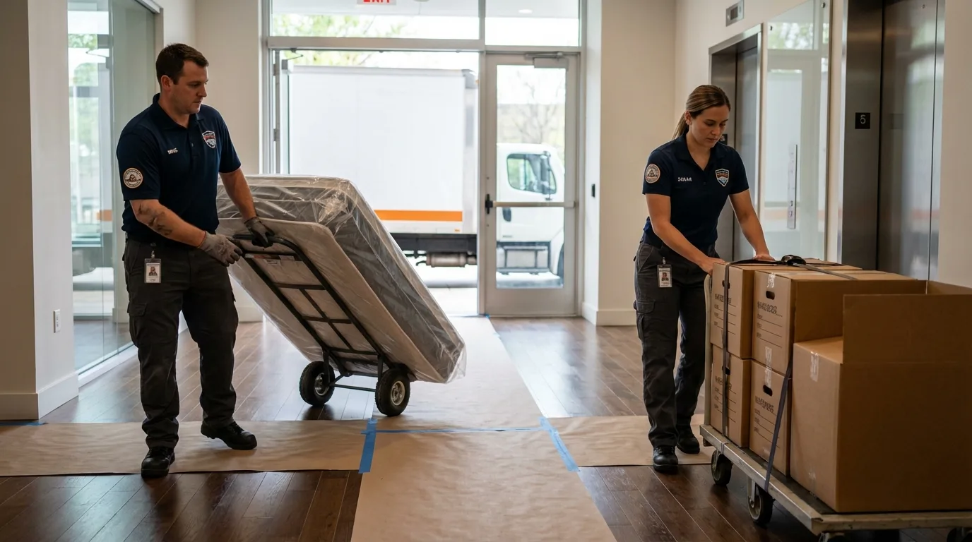 Professional apartment movers loading elevator in Atwood, KS