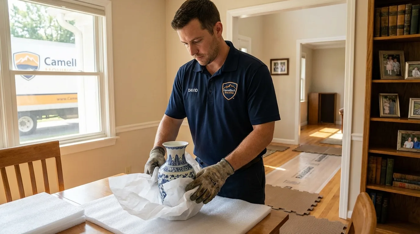 Professional crew carefully wrapping antique vase for senior downsizing move in Atwood, KS